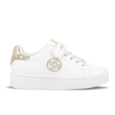 Tenis metal blanco y con borde dorado con cordones y pequeta con suela en goma