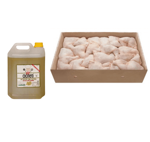 Caja de 15 kg cuarto de pollo y 5 L aceite de soya cocinero