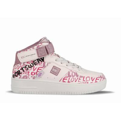 Zapato de chica force mid blanco y con escrituras en rosa  