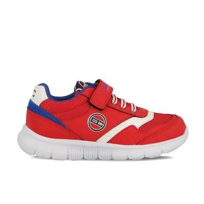 Tenis . rojo y blanco con cordones y pegueta para niño