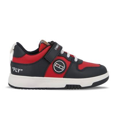 Tenis  rojo y negro con cordones y pegueta para niño